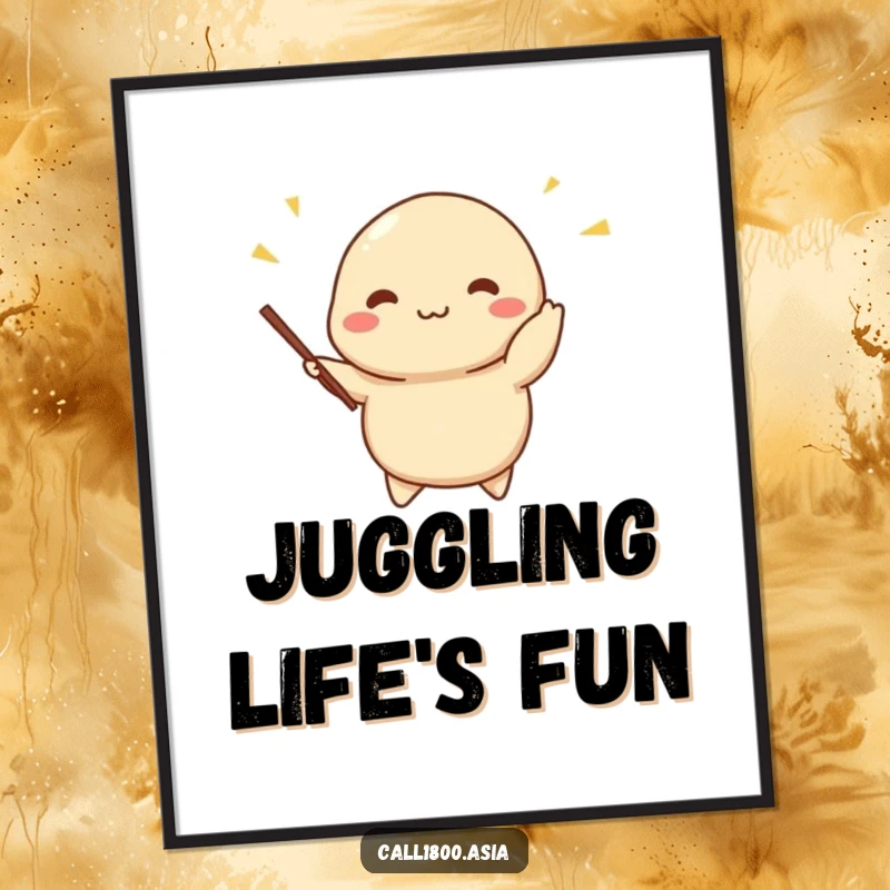 Funny dumpling poster featuring a cheerful character skillfully juggling tiny chopsticks, bringing a whimsical and humorous visual to any room.
