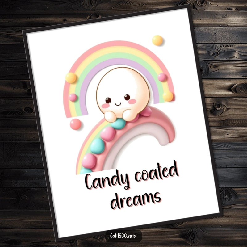 Funny smiling mochi character sliding down a candy rainbow, depicted as a vibrant and humorous wall art print.