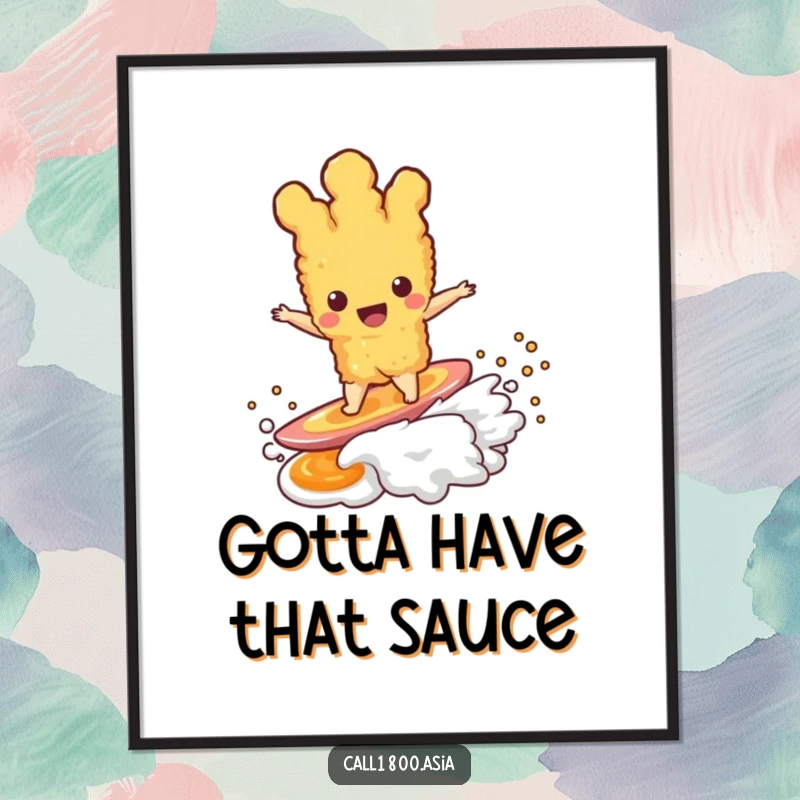 Funny tempura character in dynamic action, surfing a dipping sauce wave, presented as a high-quality, humorous wall poster.