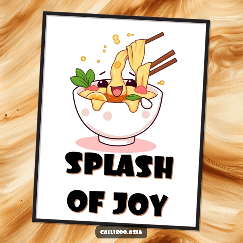 Funny poster featuring a wiggling ramen bowl character splashing broth enthusiastically, bringing a sense of playful energy.