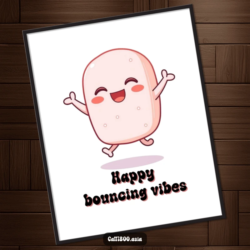 Funny sticky rice cake character bouncing with unbridled joy, depicted as a vibrant and humorous wall art print.