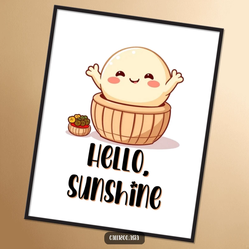 Funny poster of a happy, round bao bun waving cheerfully from a steaming basket, bringing cute cartoon vibes to your decor.