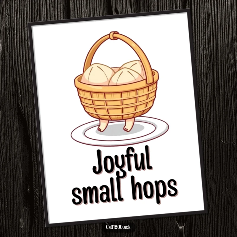 Funny poster of a cheerful dim sum basket with little feet hopping towards a plate, bringing energetic cartoon humor to your decor.