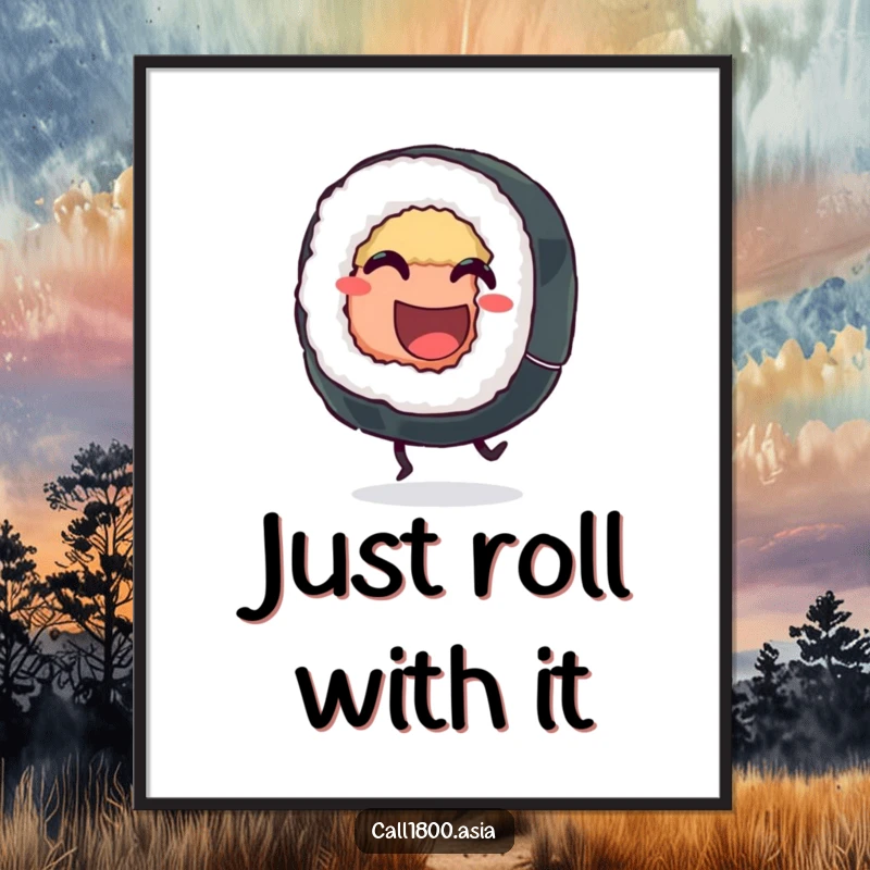 Funny sushi roll poster depicting a grinning character energetically kicking its legs, radiating happiness and playful vibes on your wall.