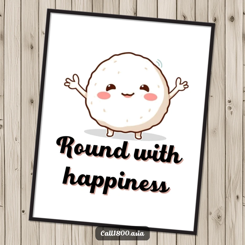 Funny poster art of a round, smiling rice ball character enthusiastically waving its tiny arms, perfect for adding charm to walls.