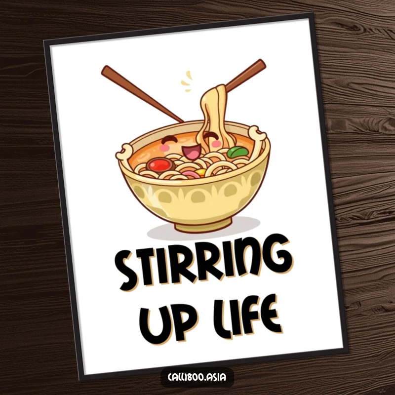 Funny poster of a playful ramen bowl with chopsticks as arms stirring noodles, adding cartoon humor and vibrant art to any wall.