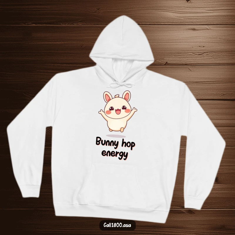Funny hoodie featuring a bubbly bao bun character leaping with pure excitement and wide, happy eyes.