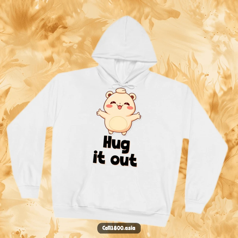 Funny bao bun hoodie with a smiling character extending arms for a warm hug, offering cozy comfort and a cheerful, embracing vibe.