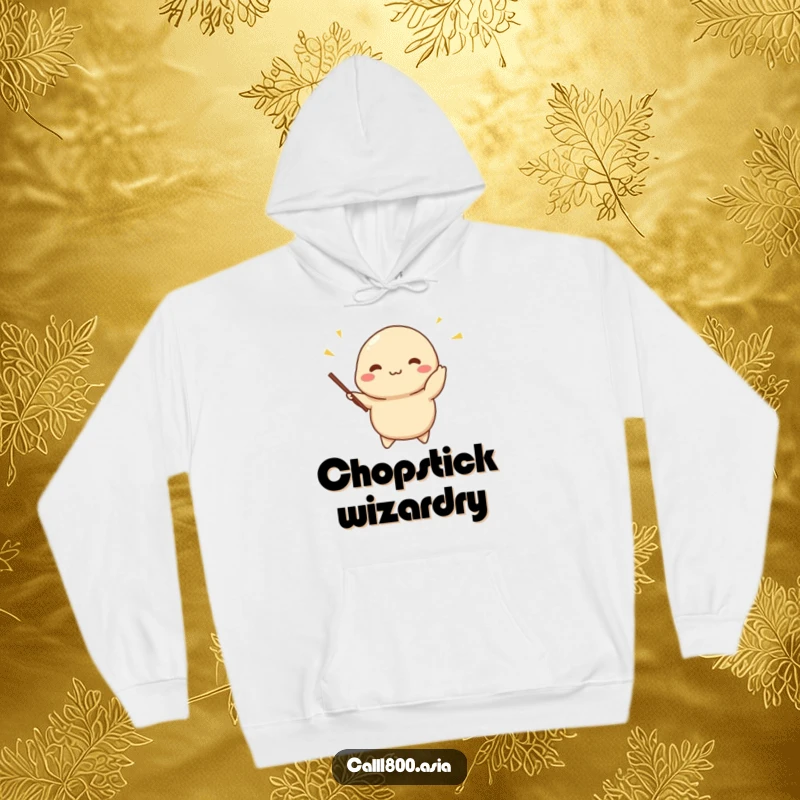 Funny dumpling hoodie with a cheerful character juggling tiny chopsticks, offering warmth and a dose of delightful, culinary-themed amusement.