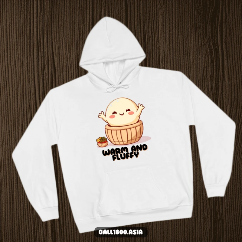 Funny hoodie featuring a happy, round bao bun with arms waving cheerfully from a steaming basket, offering cozy cartoon charm.