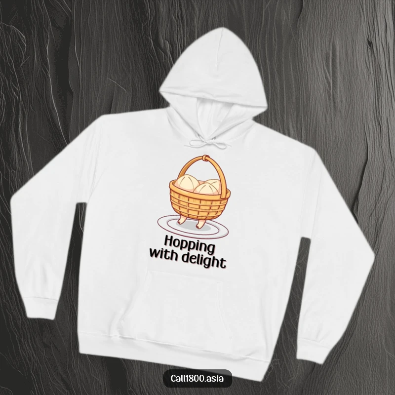 Funny hoodie featuring a cheerful dim sum basket with little feet hopping towards a plate, offering cozy cartoon comfort and cheer.