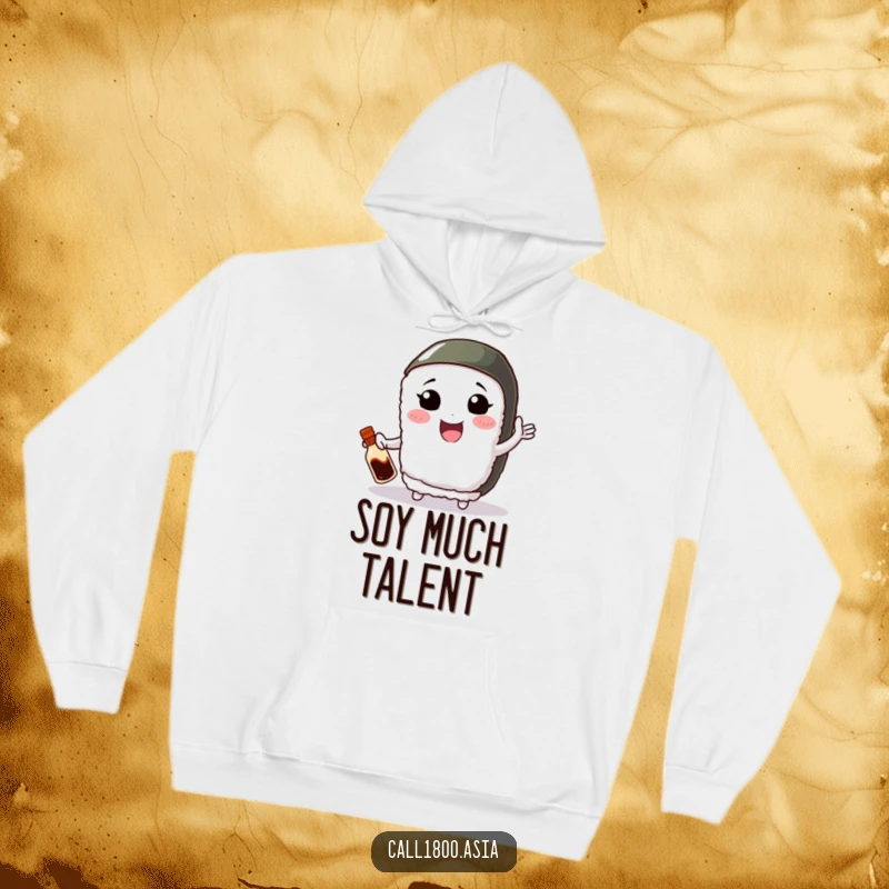 Funny hoodie featuring a smiling sushi roll character with small arms, juggling a tiny soy sauce bottle with incredible skill.