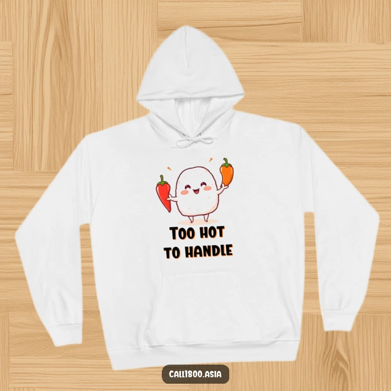 Funny onigiri character juggling hot chili peppers, featured on a soft and warm hoodie, ready for adventure.