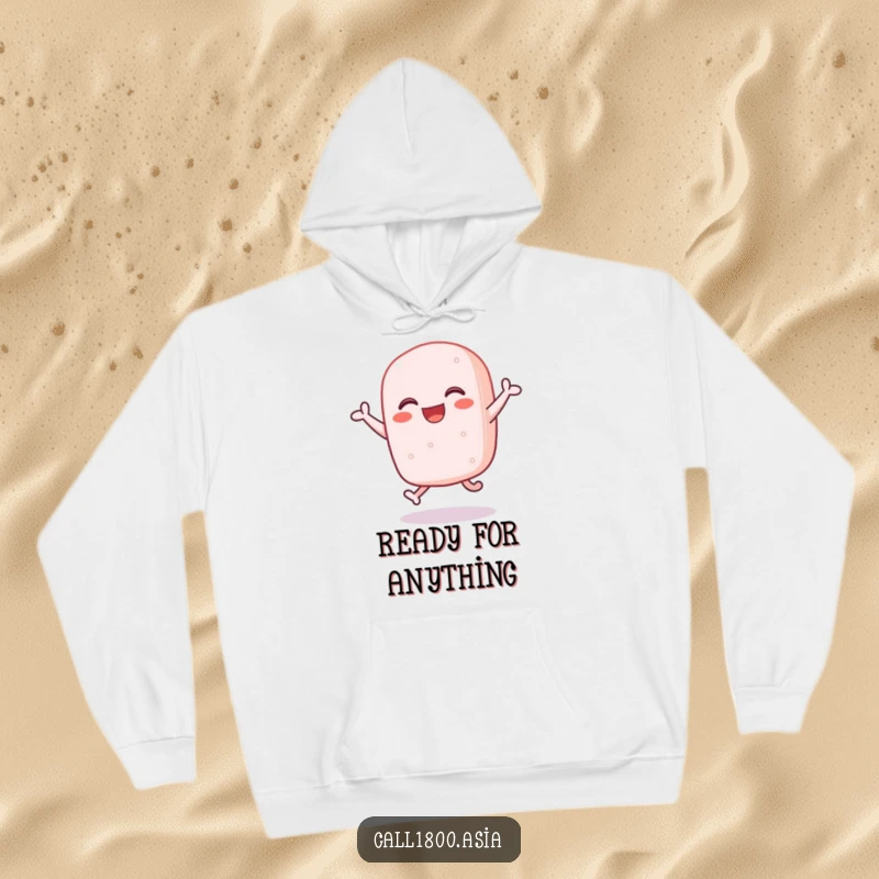 Funny sticky rice cake character bouncing with joy, featured on a soft and warm hoodie.