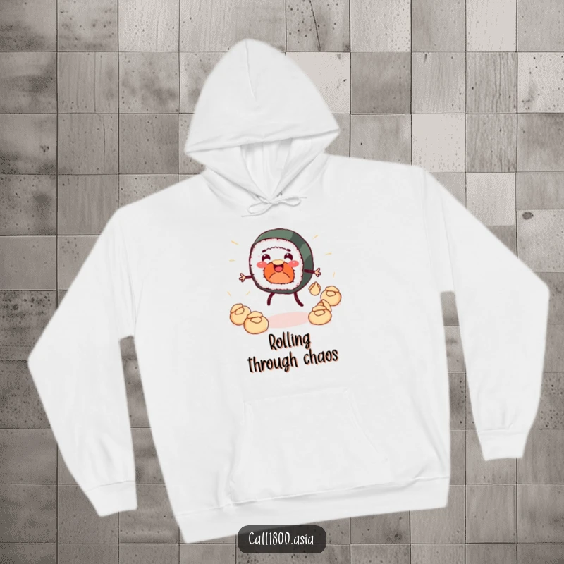 Funny hoodie featuring a smiling sushi roll with legs energetically juggling dumplings, offering cozy humor and a playful vibe for the wearer.
