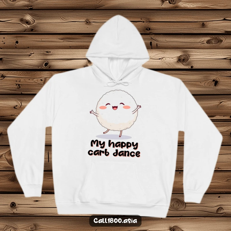 Funny hoodie with a cheerful, round rice ball character with small legs, captured mid-dance with a contagiously happy vibe.