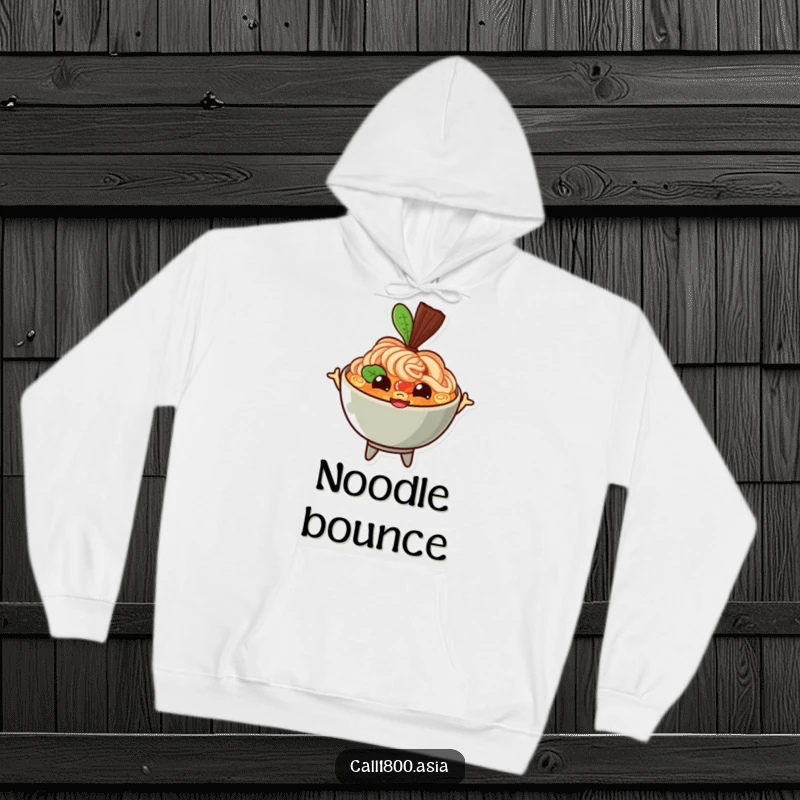 Funny ramen bowl hoodie with a bouncing character, happy eyes, and a wide grin, offering cozy warmth and contagious, playful food-themed cheer.