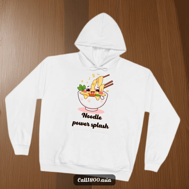 Funny hoodie featuring a wiggling ramen bowl character splashing broth playfully, radiating happiness and warmth.