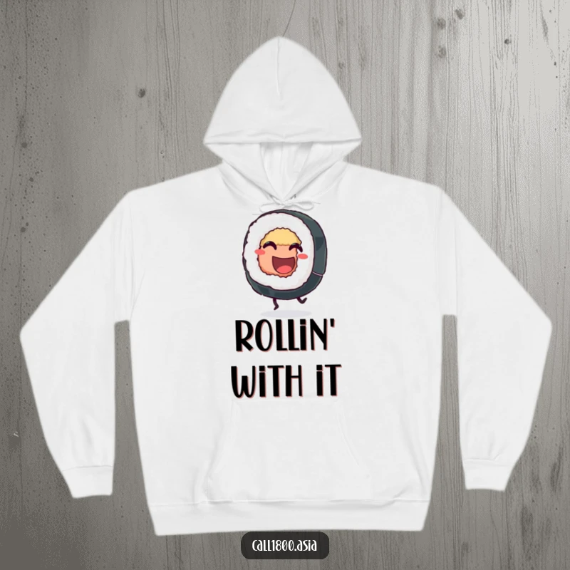Funny sushi roll hoodie with a grinning character kicking its legs happily, offering warmth and a dose of contagious, playful cheer.