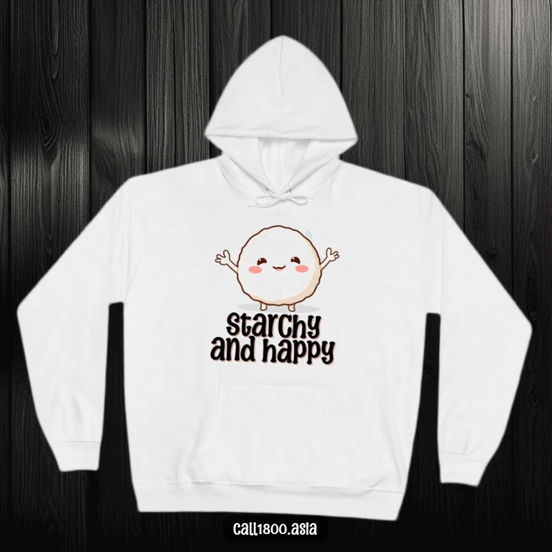 Funny hoodie featuring a round, smiling rice ball character enthusiastically waving its tiny arms, perfect for cozying up with a smile.