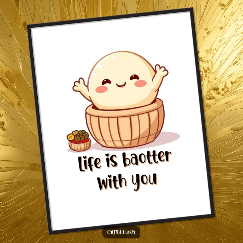 Funny Free Printable Wall Art: Happy, round bao bun with arms waves cheerily from a steaming basket, adding warmth.