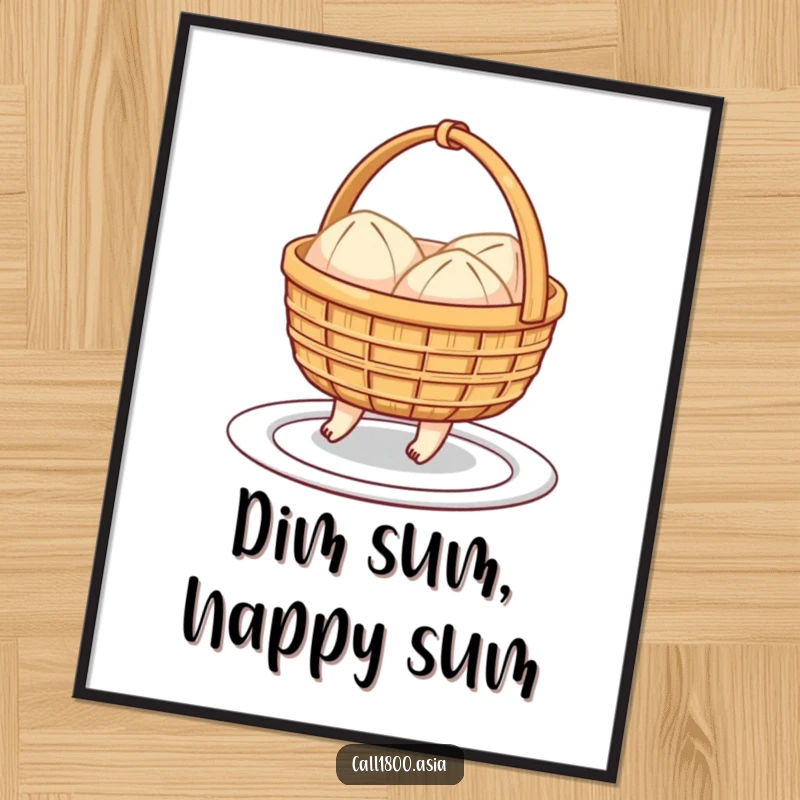 Funny Free Printable Wall Art: A cheerful dim sum basket with little feet hops energetically towards a waiting plate.