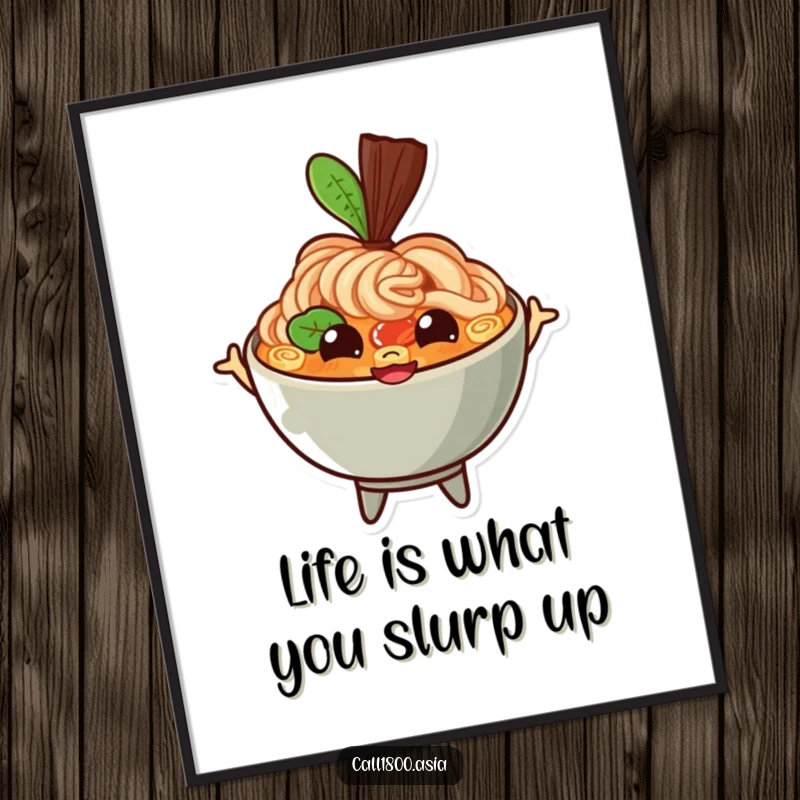 Funny Free Printable Ramen Wall Art, a bouncing bowl character with happy eyes and a wide grin, adding vibrant foodie humor to any space.