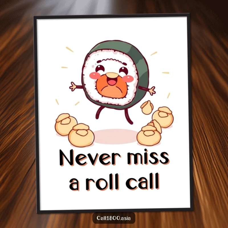 Funny Free Printable Wall Art: Smiling sushi roll with legs humorously juggles dumplings, a culinary delight.