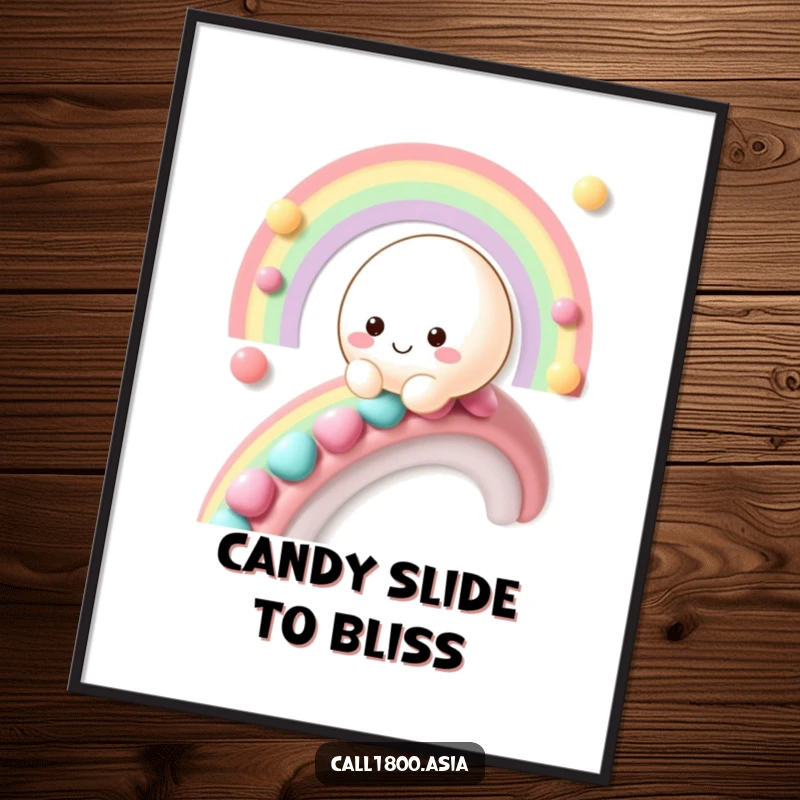 Funny Free Printable Wall Art: Smiling Mochi Character Sliding Down a Bright, Colorful Rainbow Made of Candy