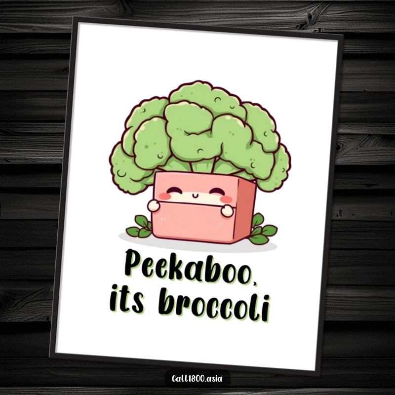 Funny Free Printable Wall Art: Winking Bento Box Character Lovingly Peeking from Behind a Giant Broccoli