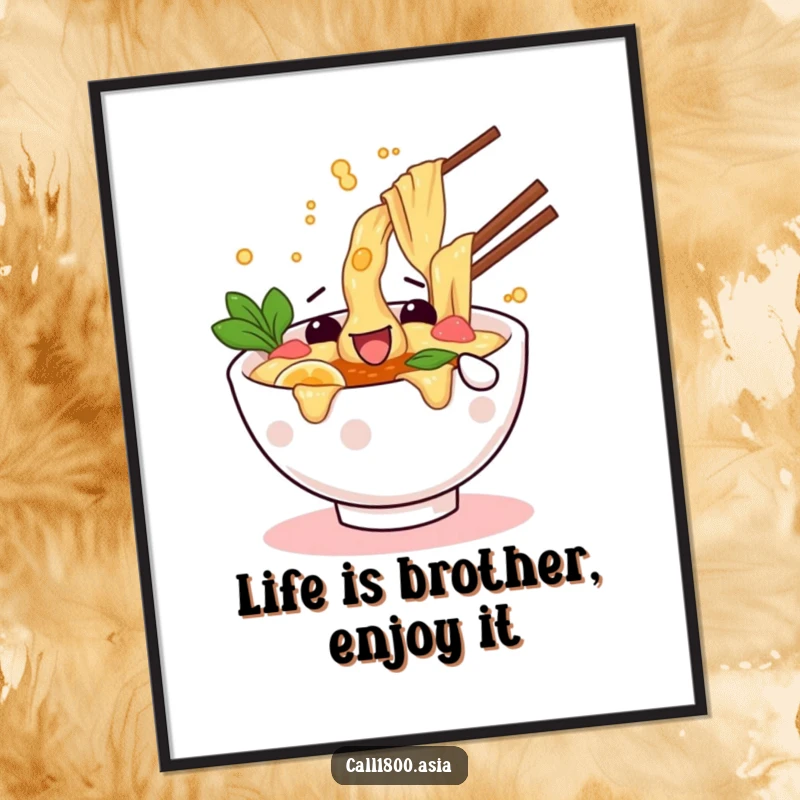 Funny free printable wall art showcasing a wiggling ramen bowl character gleefully splashing broth into the air.