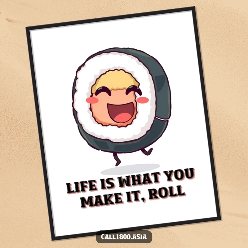 Funny Free Printable Sushi Roll Wall Art, a grinning character with little legs kicking happily, adding playful foodie humor to any space.
