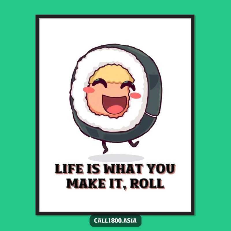 Free Printable Sushi Roll Art: Hilarious Kicking Character, Funny Downloadable Decor Gift