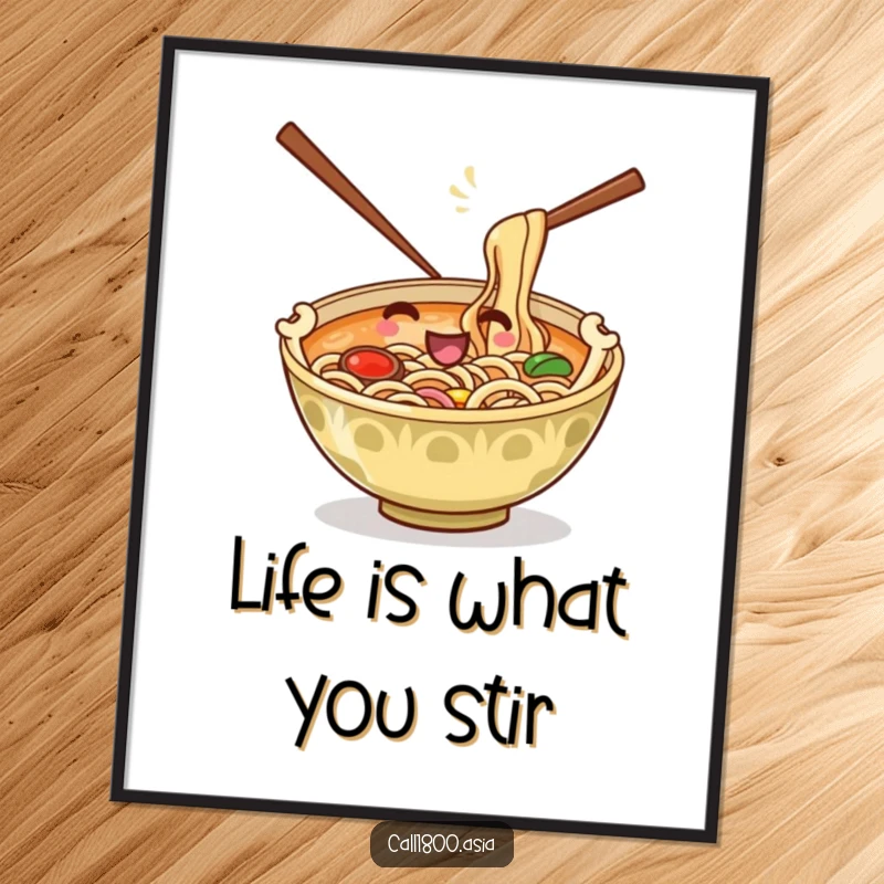Funny Free Printable Wall Art: A playful ramen bowl with chopstick arms humorously stirs its delicious noodle contents.