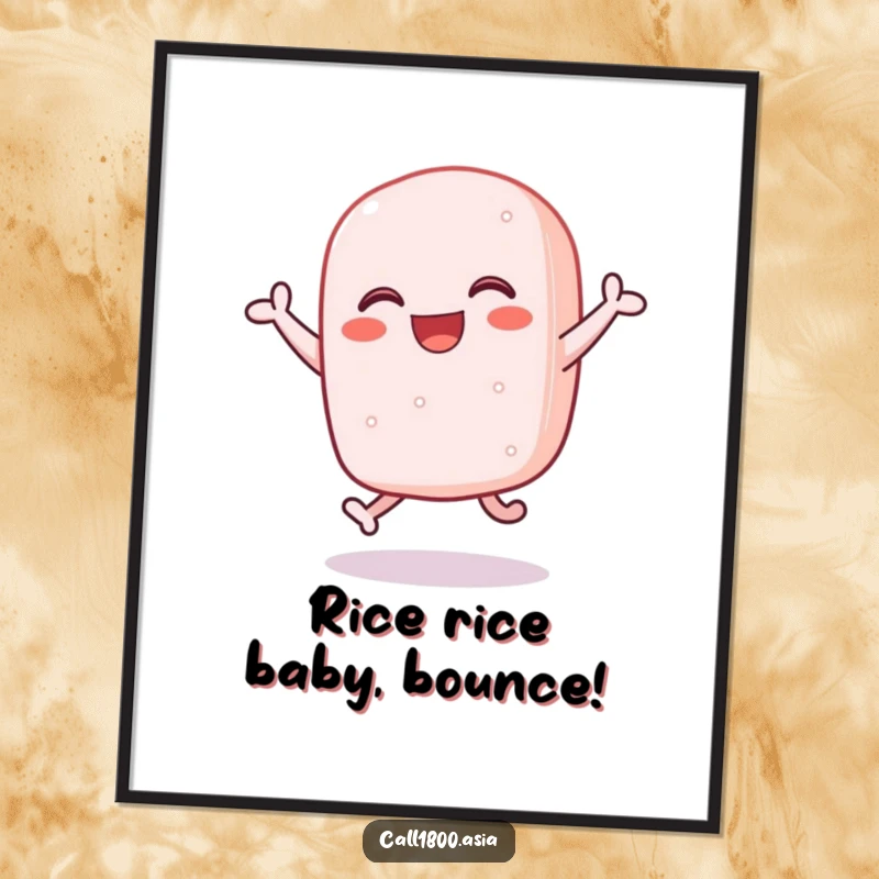 Funny Free Printable Wall Art: Cheerful Sticky Rice Cake Character Bouncing Enthusiastically with Pure Joy