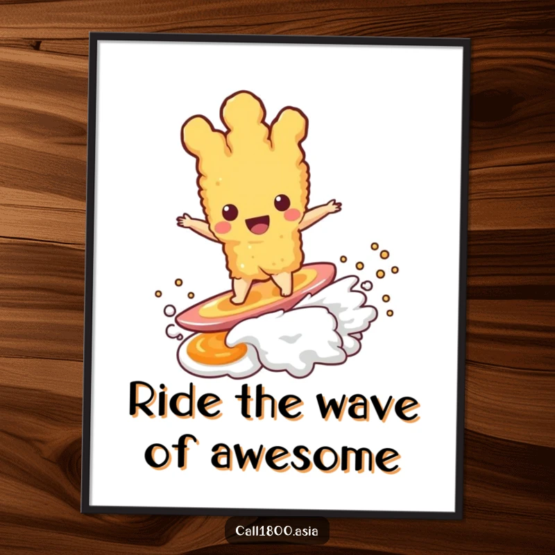Funny Free Printable Wall Art: Smiling Tempura Character Expertly Surfing a Large Dipping Sauce Wave