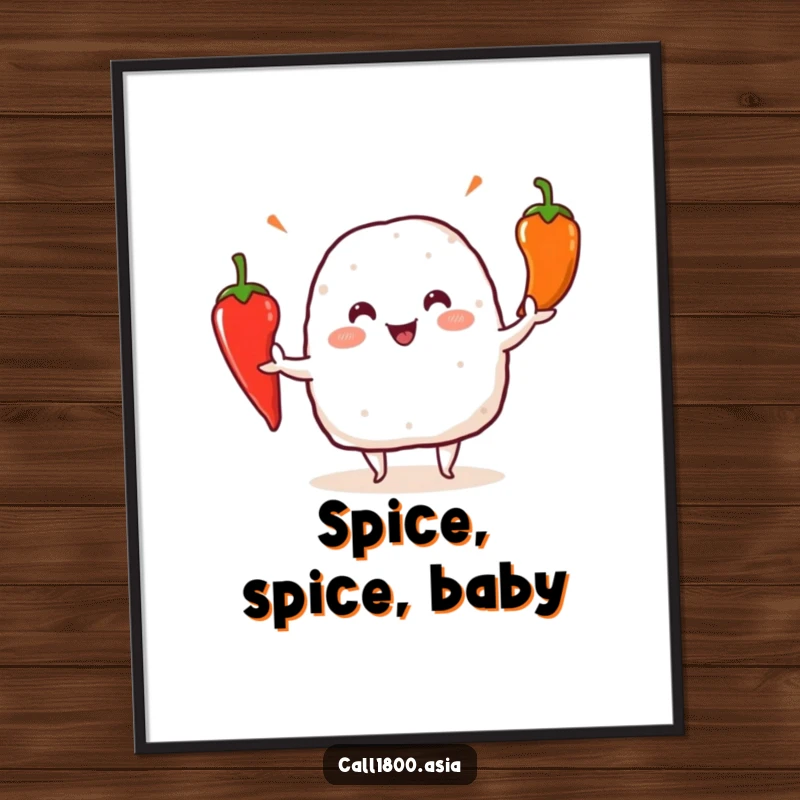 Funny Free Printable Wall Art: Playful Onigiri Character Juggling Three Vibrant Chili Peppers with a Smile