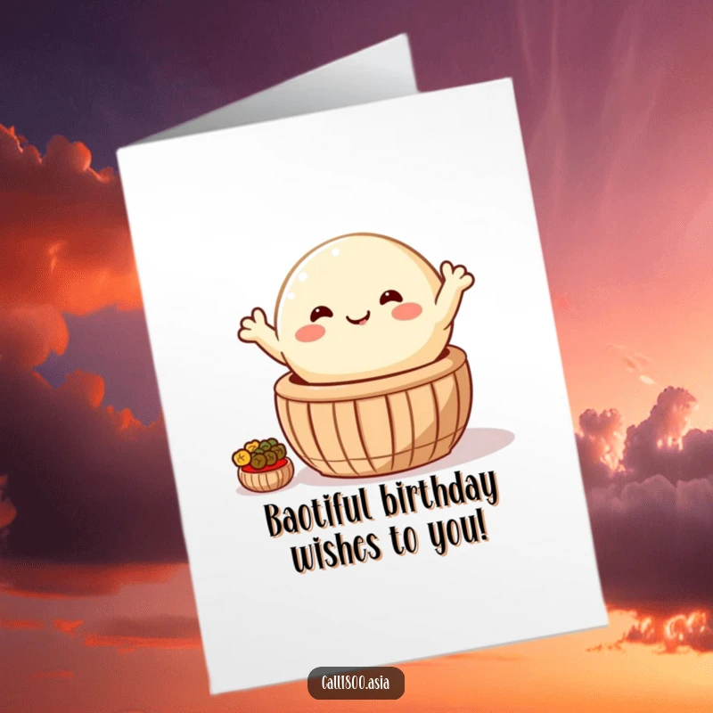 Funny Free Printable Birthday Card: Happy bao bun waves cheerfully from a steaming basket, celebrating a birthday.