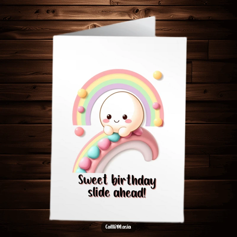 Funny Free Printable Birthday Card: Smiling Mochi Character Sliding Down a Vibrant Rainbow Made of Candy
