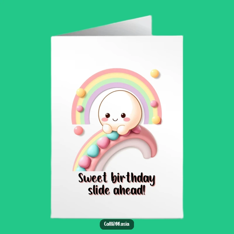 Free Printable Birthday Card: Mochi Slides Down Candy Rainbow, Fun Downloadable