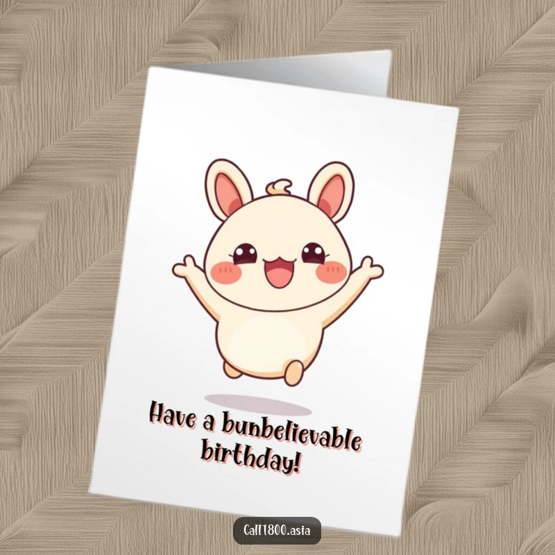 Funny free printable birthday card featuring an excited, bubbly bao bun character leaping with joy.