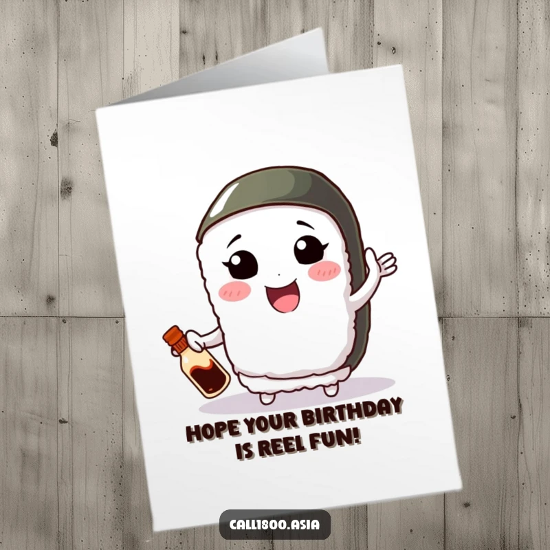 Funny free printable birthday card featuring a smiling sushi roll character skillfully juggling a tiny soy sauce bottle.