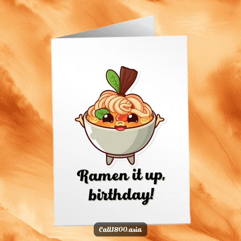 Funny Free Printable Ramen Birthday Card, a bouncing bowl character with happy eyes and a wide grin, radiating birthday cheer.