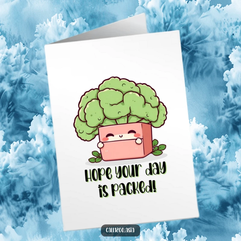 Funny Free Printable Birthday Card: Winking Bento Box Character Peeking from Behind a Giant Broccoli