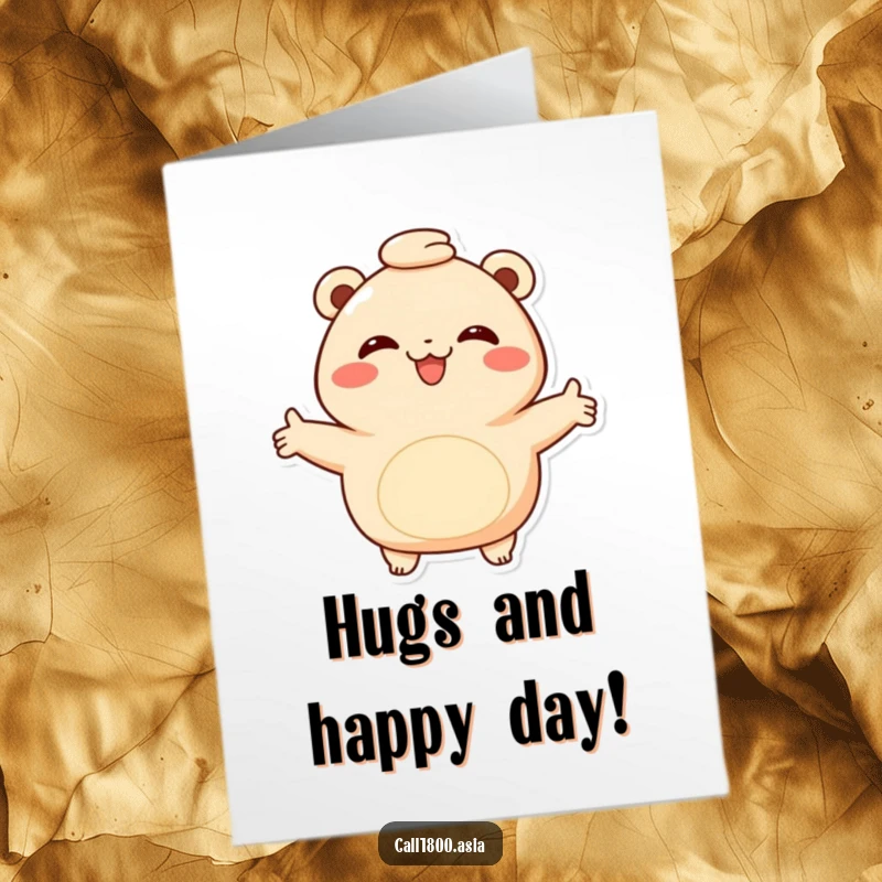 Funny Free Printable Bao Bun Birthday Card, a smiling character offering a warm embrace with arms outstretched, radiating foodie affection.