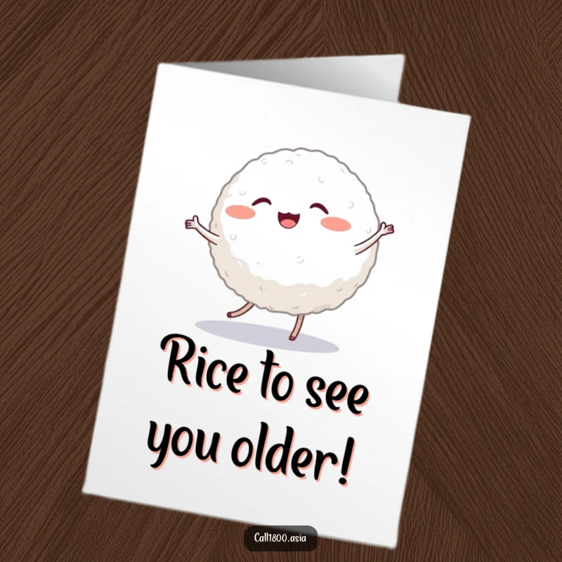 Funny free printable birthday card featuring a cheerful, round rice ball dancing with joy, legs wiggling energetically.