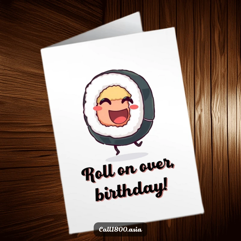 Funny Free Printable Sushi Roll Birthday Card, a grinning character with little legs kicking happily, celebrating with foodie humor.