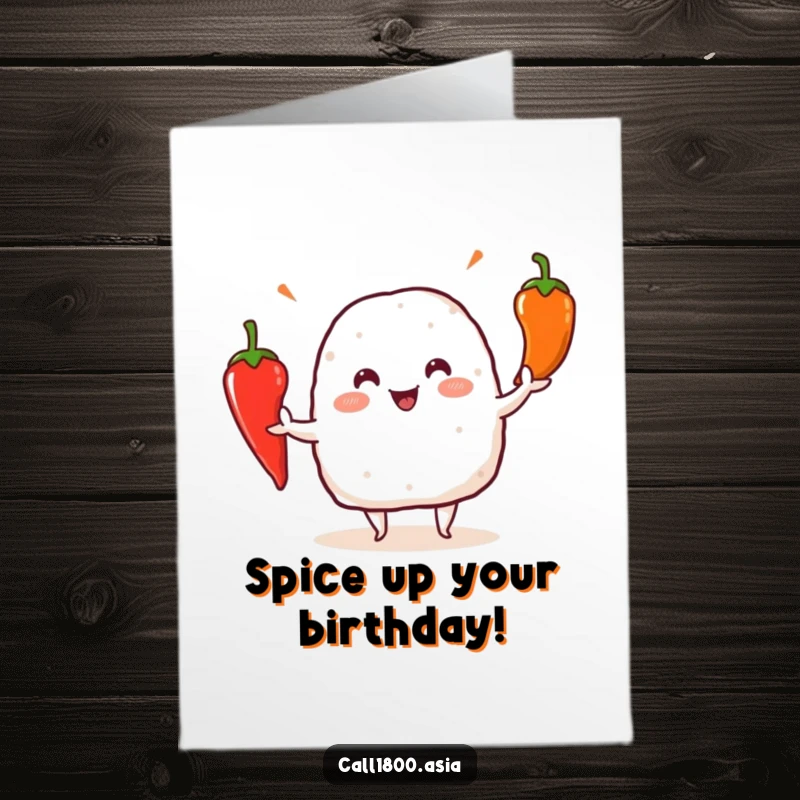 Funny Free Printable Birthday Card: Playful Onigiri Character Juggling Three Bright Red Chili Peppers