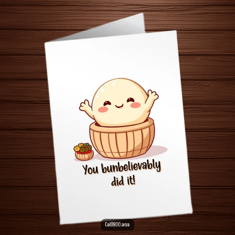 Funny Free Printable Congratulations Card: Cheerful bao bun waves from a basket, celebrating a wonderful success.