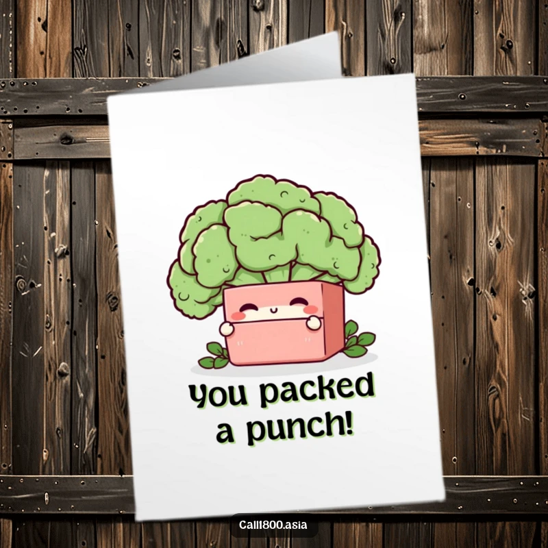 Funny Free Printable Congratulations Card: Bento Box Character Winking from Behind a Large Broccoli Floret